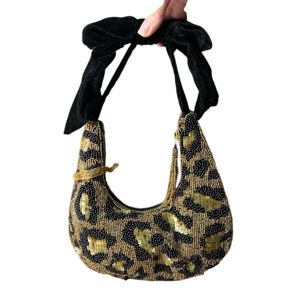 Leopard Print Beaded Handbag with Black Bow Handmade In India NWT - Picture 2 of 8
